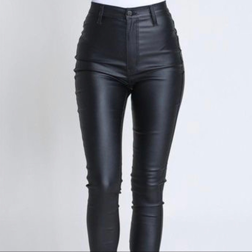 High waisted black faux leather jeggings